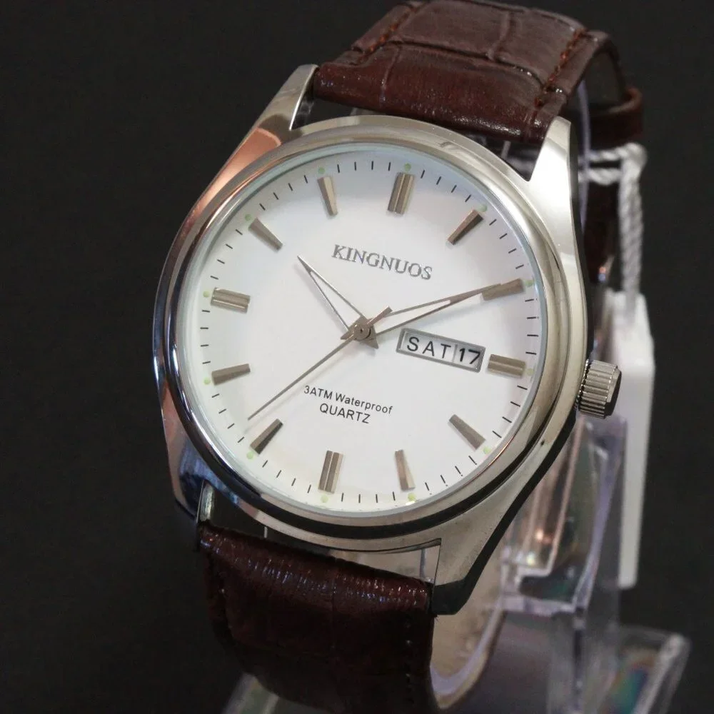 Men's Contemporary Dress Watch Silver Case Brown Leather Watch Strap 40mm - Picture 4 of 12